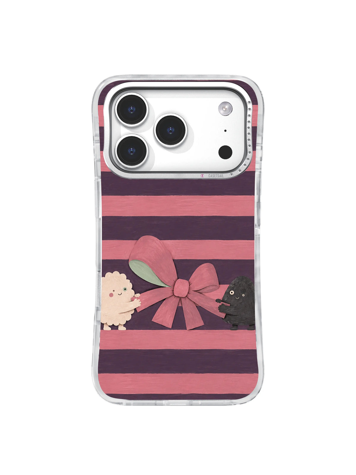 Asymmetric rose bow linking two small creatures on a plum striped phone case