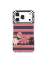 Dusty pink coquette bow centered between ivory and charcoal characters on plum bands