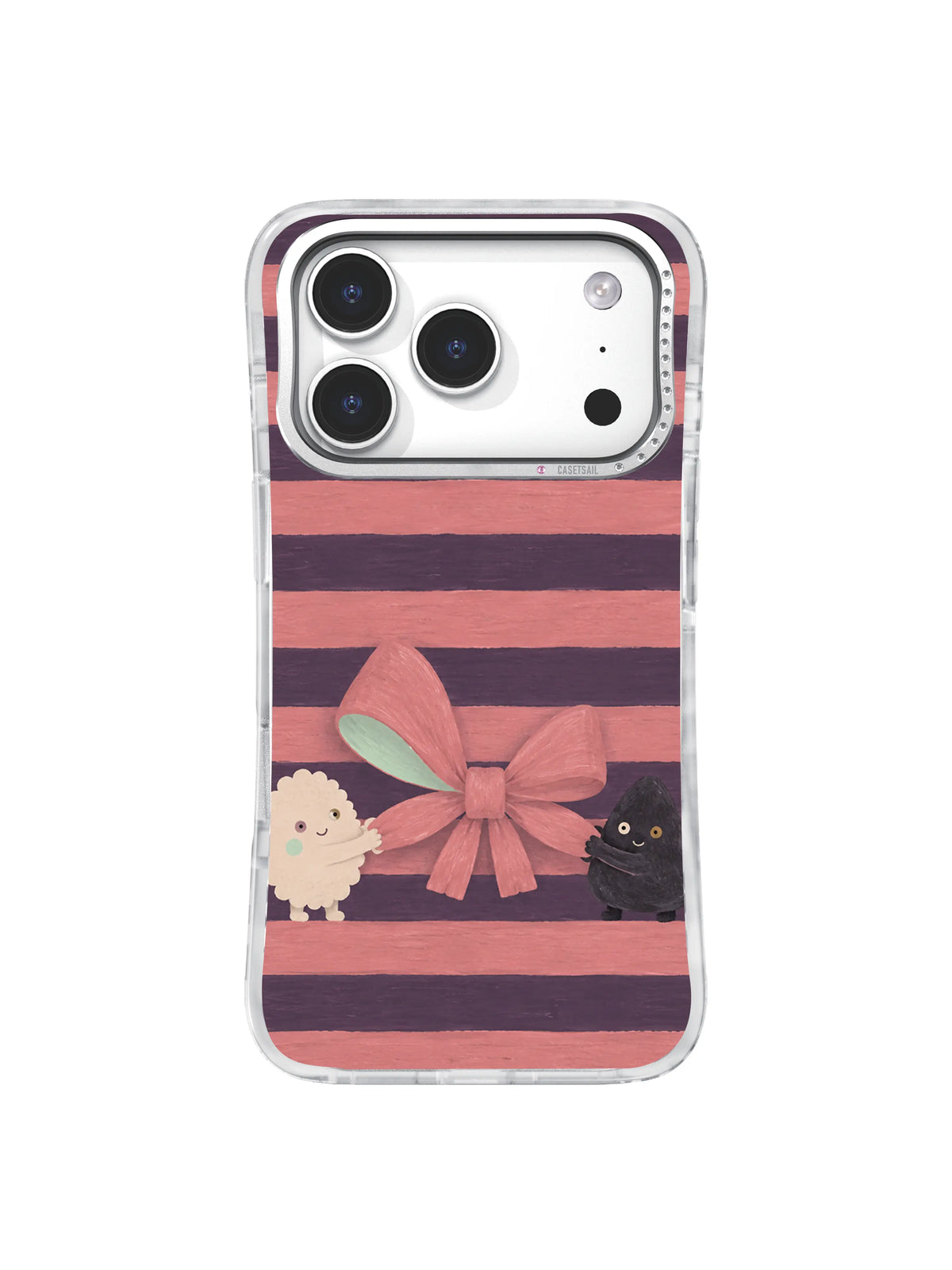 Dusty pink coquette bow centered between ivory and charcoal characters on plum bands