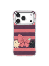 Hand-painted rose ribbon bow and two friends across dark plum horizontal stripes