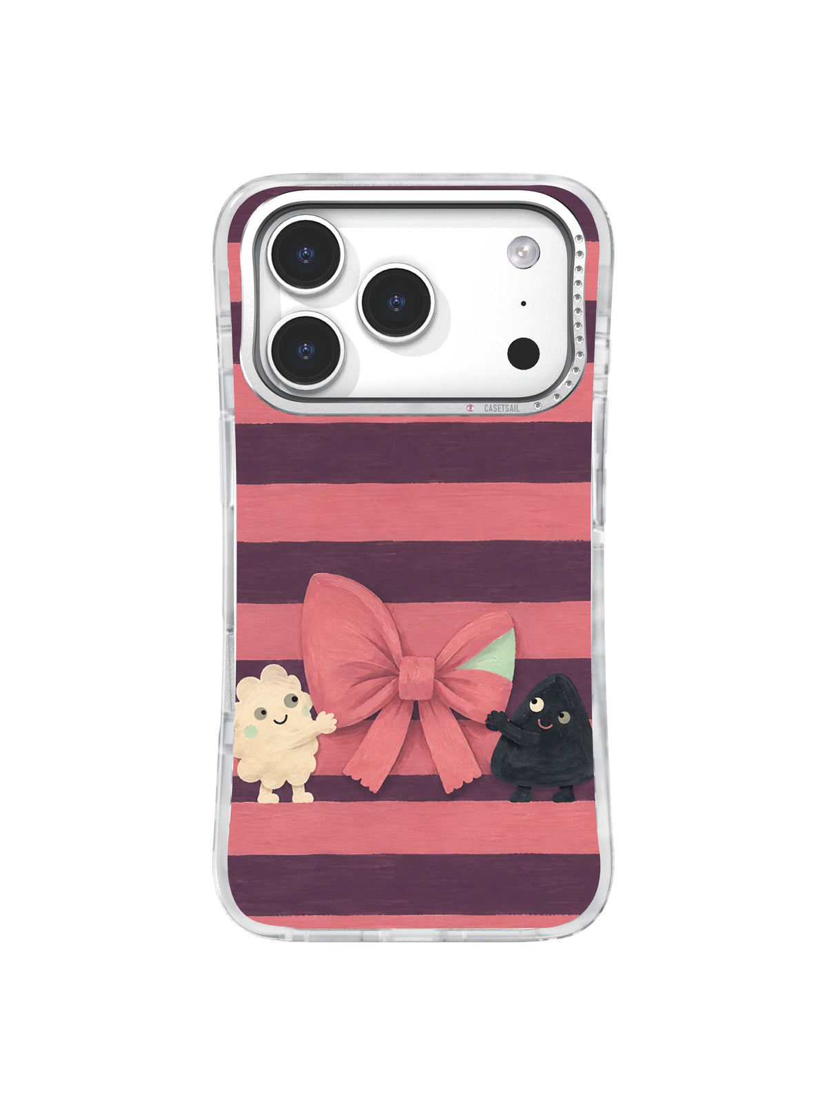 Hand-painted rose ribbon bow and two friends across dark plum horizontal stripes