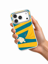Hand holding The Wind Has Pockets striped iPhone 17 Pro case