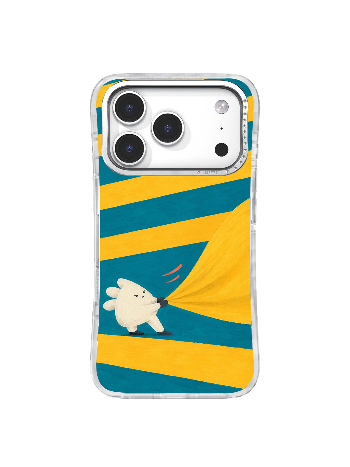Chalk-white creature holding a saffron sail across tilted turquoise stripes on an iPhone 17 Pro case