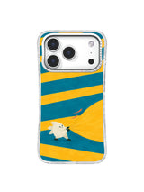 Billowing yellow stripe sail pulled by a small white creature on a teal phone case