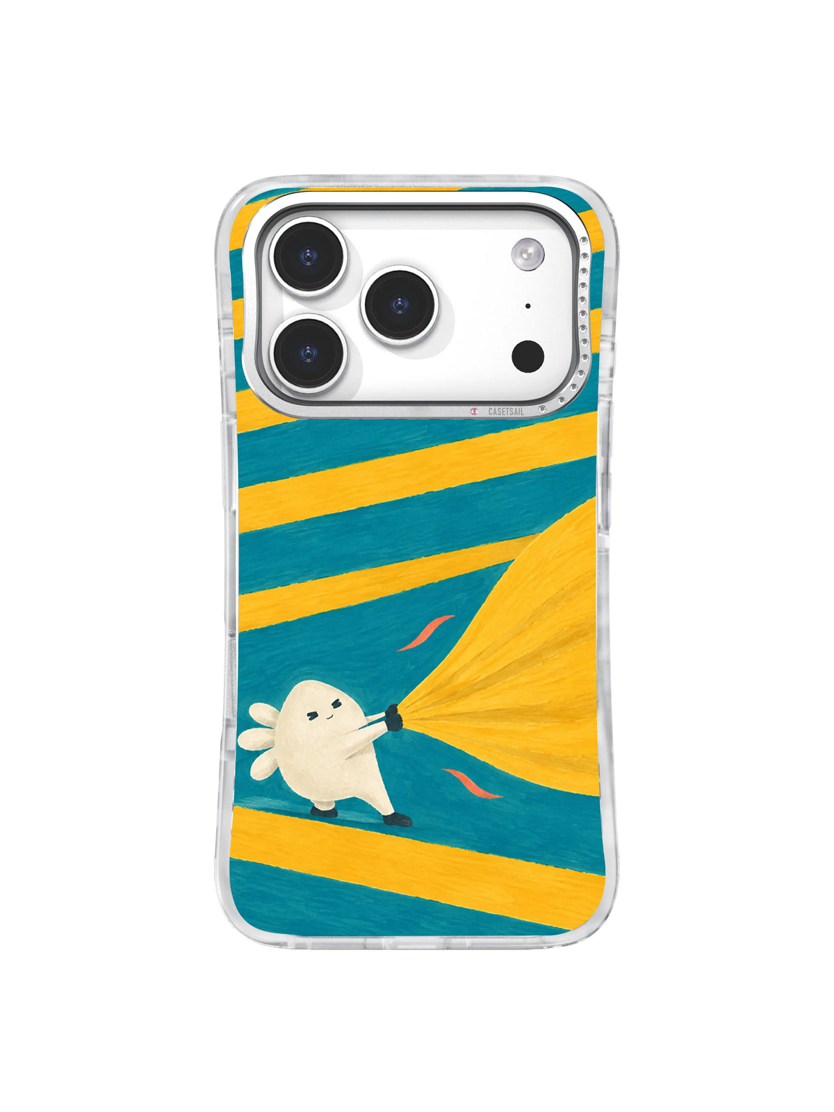 White creature leaning into a golden sail with coral wind marks on a striped case