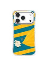 Hand-painted saffron sail stretching across cool teal bands on an iPhone 17 Pro case