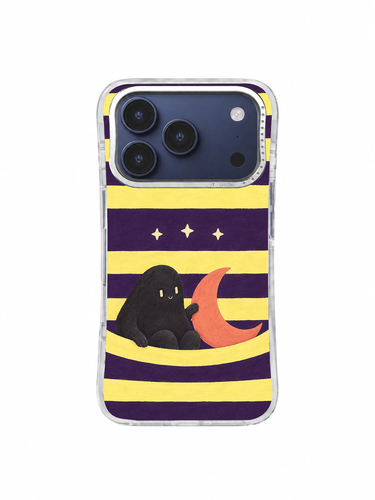 Three ivory stars above a quiet moon and creature on aubergine striped phone case