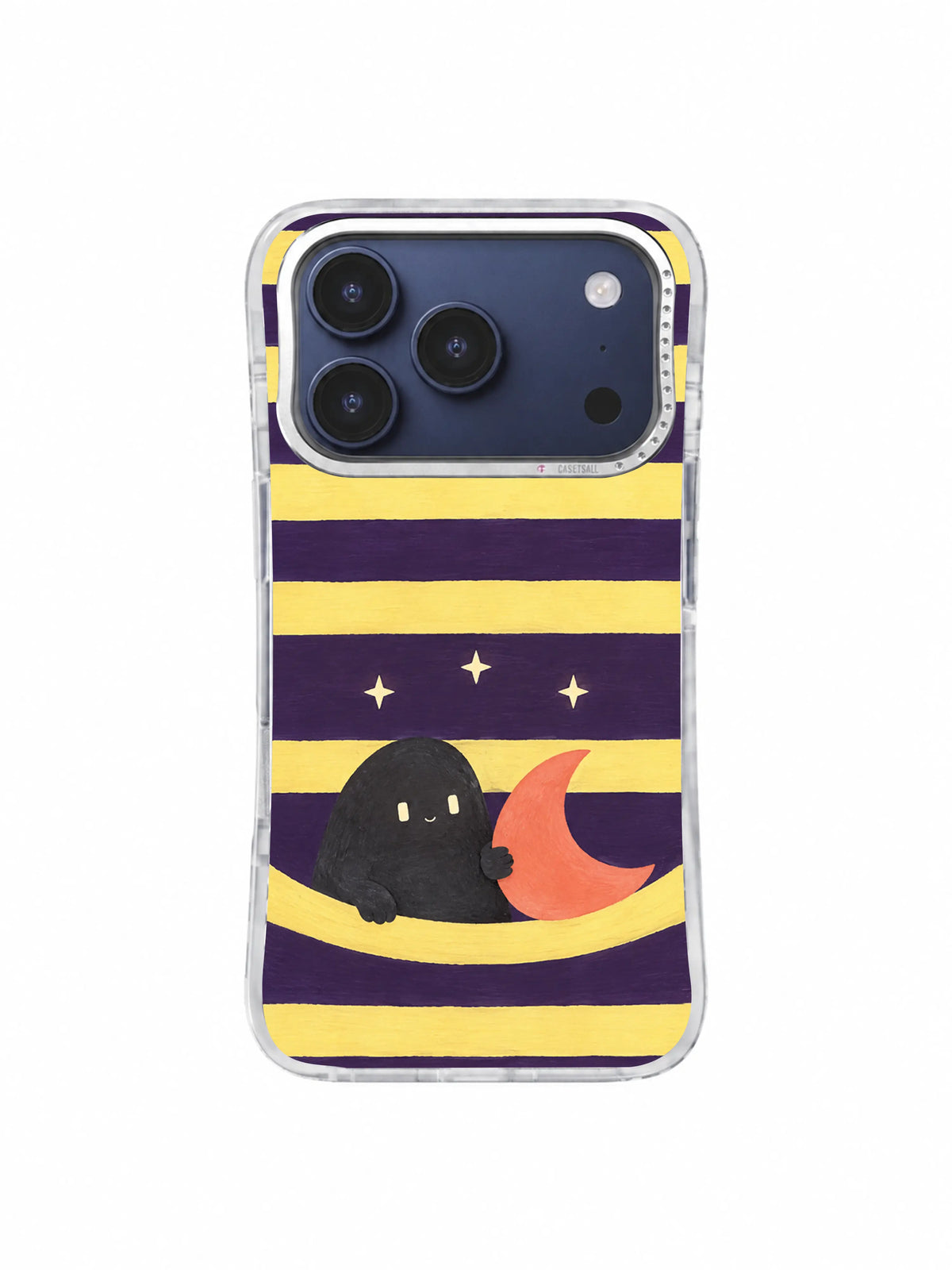 Cute night guardian seated with a coral moon inside a curved lemon stripe