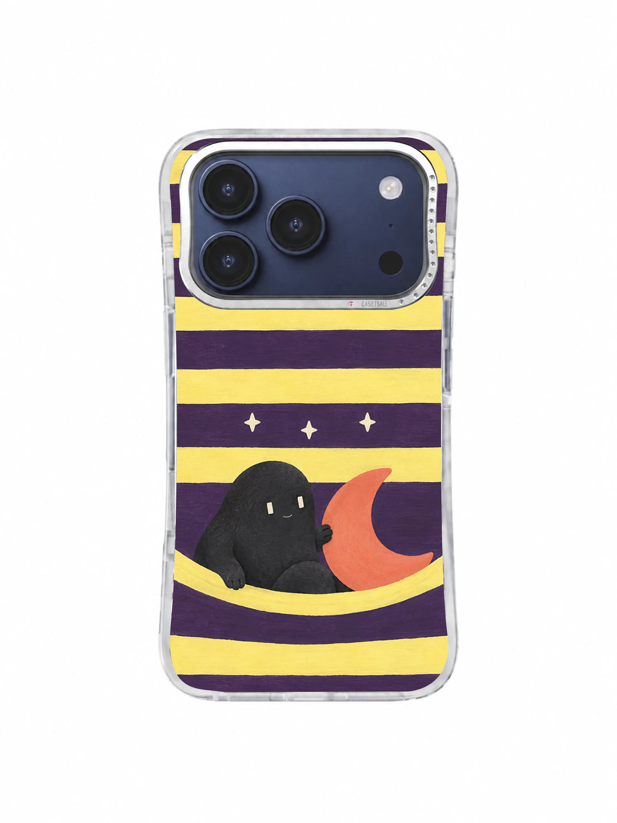 Dreamy coral crescent and charcoal friend against purple and lemon horizontal bands