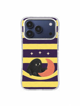 Hand-painted moon day off scene with three stars and a gentle striped cradle