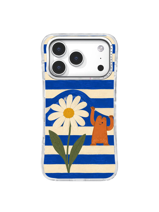 Cream daisy under an ultramarine stripe arch on an iPhone 17 Pro case