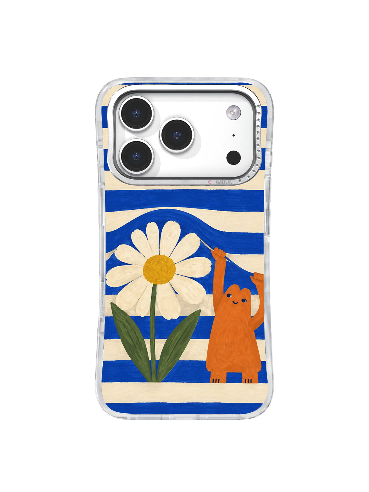 Burnt-orange creature lifting a blue stripe beside a giant daisy phone case design