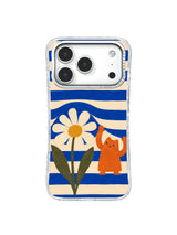 White daisy and orange guardian framed by cream and royal blue gouache bands