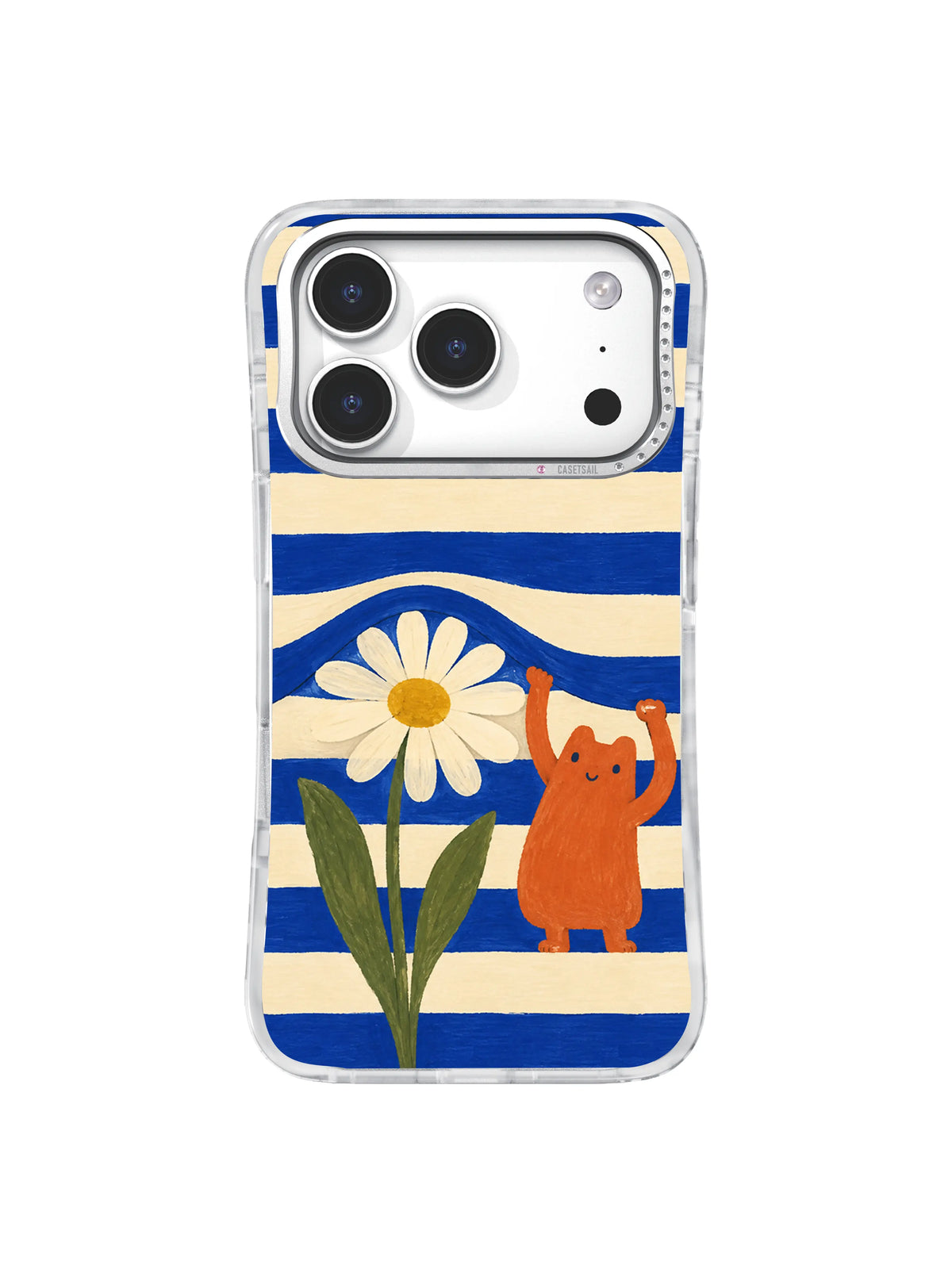 Cute floral detour scene with a daisy, green leaves and an orange character