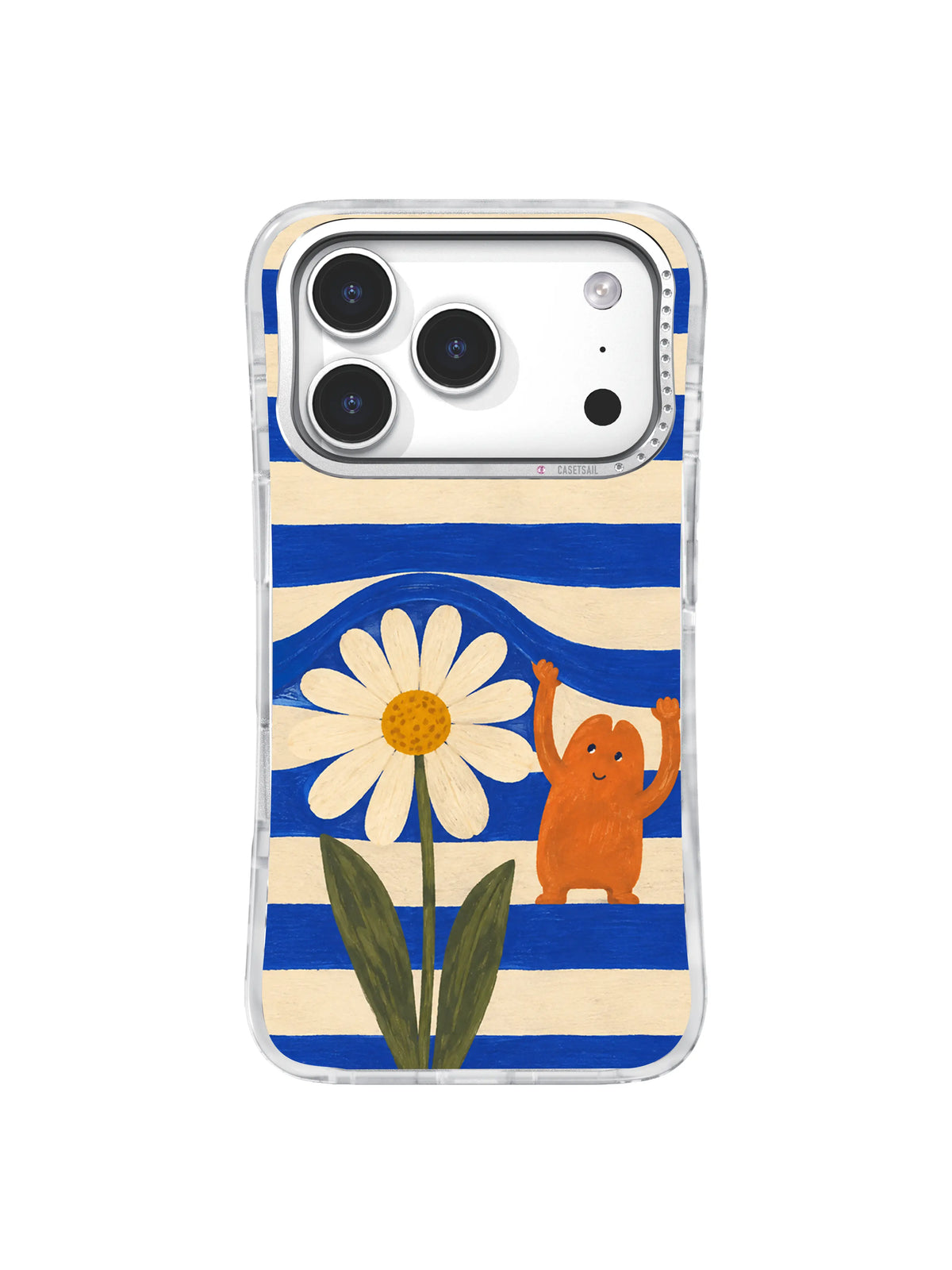 Daisy Detour gouache artwork on a striped iPhone 17 Pro case