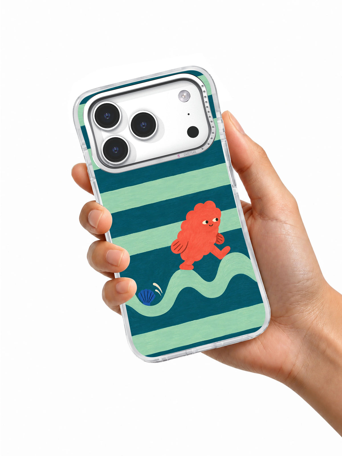 Hand holding the Sea Glass Shortcut coastal iPhone 17 Pro case