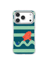 Coral-red creature crossing seafoam wave arches on a deep teal iPhone 17 Pro case