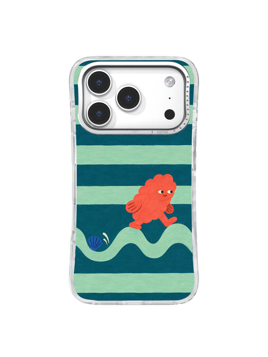 Coral-red creature crossing seafoam wave arches on a deep teal iPhone 17 Pro case