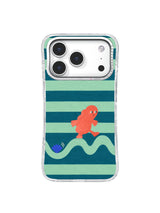 Coral character stepping across a seafoam wave bridge on a striped phone case