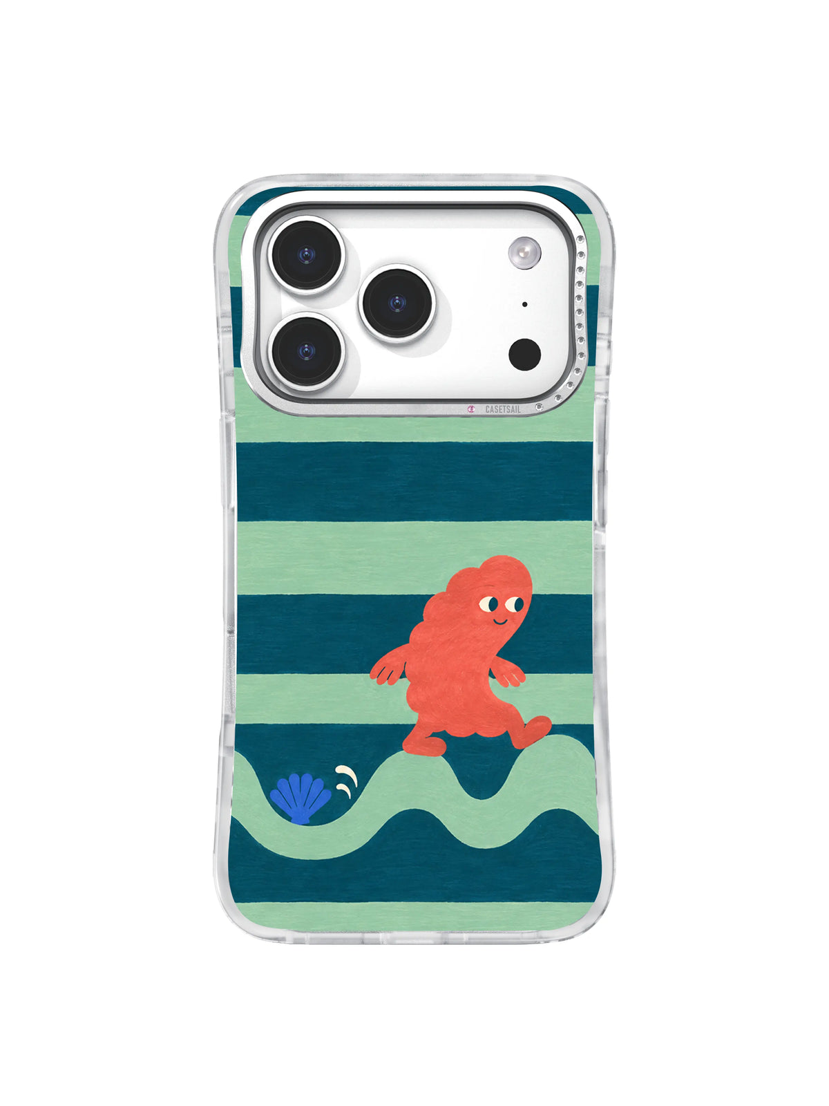 Cute ocean path artwork in dark teal, pale seafoam and coral red