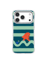 Coastal gouache phone case with connected wave arches and a blue fan shell