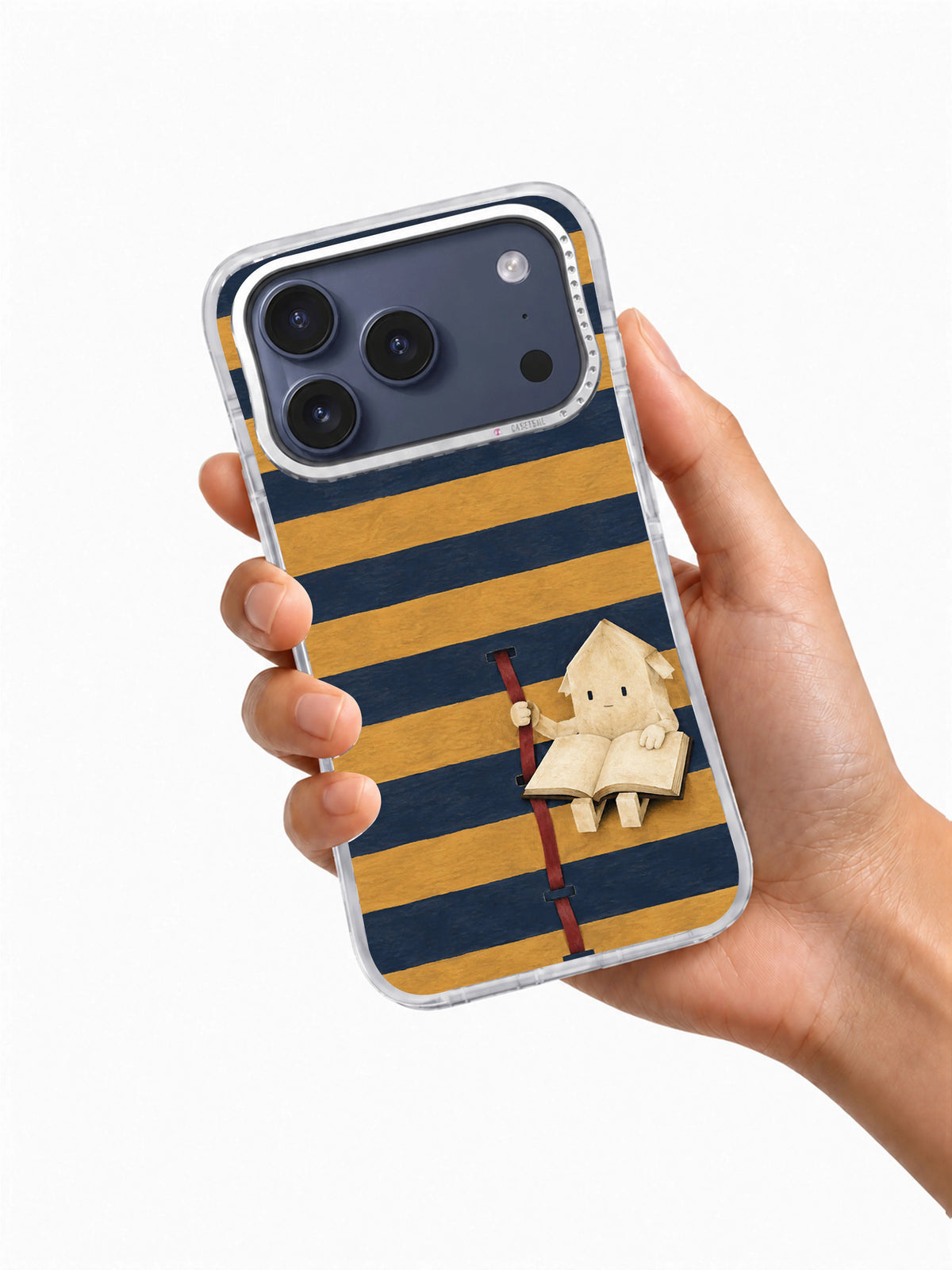 Hand holding The Quiet Bookmark dark academia iPhone 17 Pro case