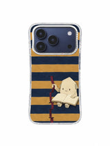 Cream reading character and open book on a navy-and-ochre striped phone case