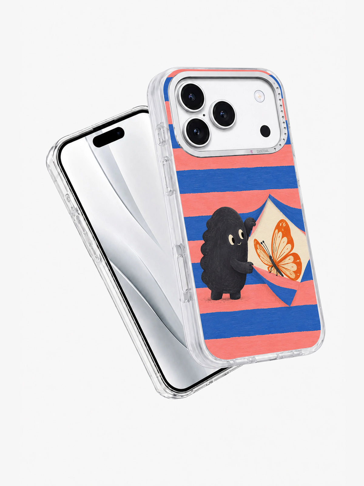 Angled front and back view of A Butterfly Between Lines iPhone 17 Pro case