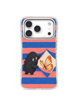 Charcoal pebble creature opening coral and blue stripes for an orange butterfly