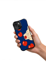 The Apple Button Parade phone case shown in hand