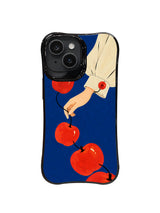 Apple button parade iPhone case artwork with hand, sleeve and curved thread