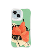 Pear basket iPhone case art with coral fruit and a striped cream cloth