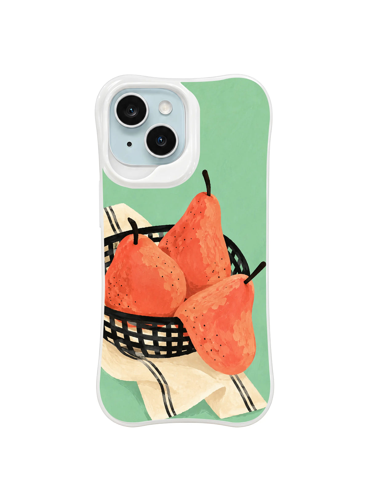 Pear basket iPhone case art with coral fruit and a striped cream cloth