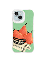 Retro coral pear basket pattern with black weave and folded towel