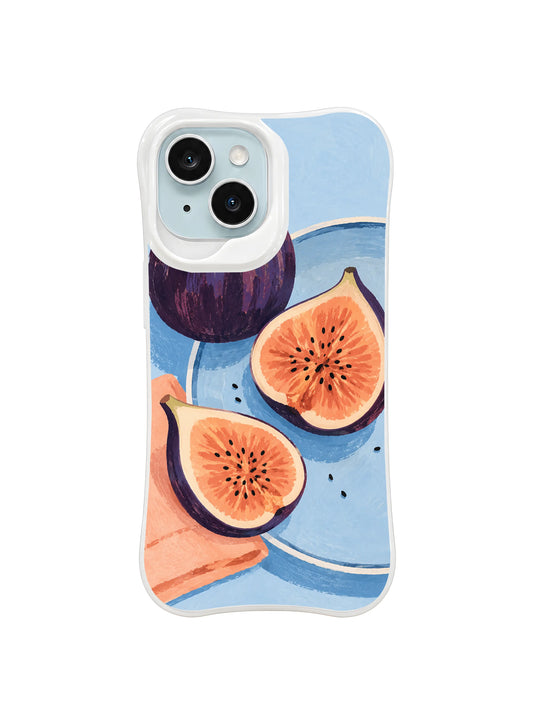 The Fig Plate Quarter pattern one with whole plum fig and peach cut halves on pale blue plate