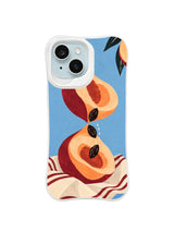 The Peach Hourglass pattern two with falling pits above striped cream cloth