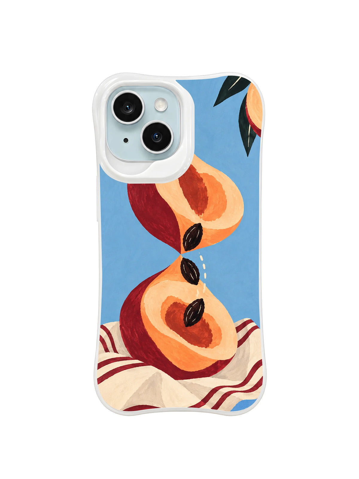 The Peach Hourglass pattern two with falling pits above striped cream cloth
