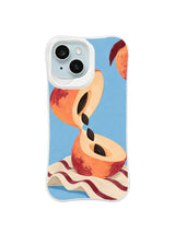 The Peach Hourglass pattern five with peach timer above burgundy striped cloth