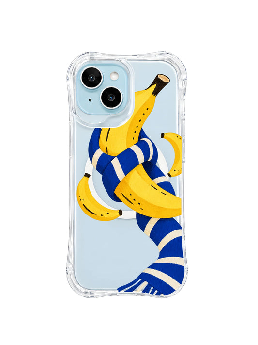 The Banana Scarf Knot iPhone case pattern 1, yellow bananas tied through a cobalt striped scarf
