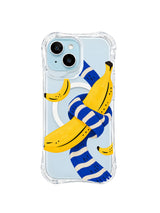 The Banana Scarf Knot iPhone case pattern 3, crescent bananas around a blue scarf knot