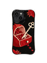 The Pomegranate Key Drawer iPhone case pattern 1, crimson fruit drawer and ivory key