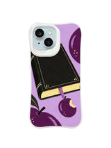 The Plum Moon Bookmark iPhone case pattern 1 with black book and plum moon bookmark
