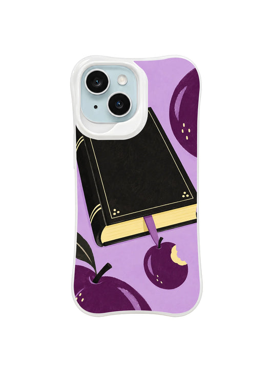 The Plum Moon Bookmark iPhone case pattern 1 with black book and plum moon bookmark