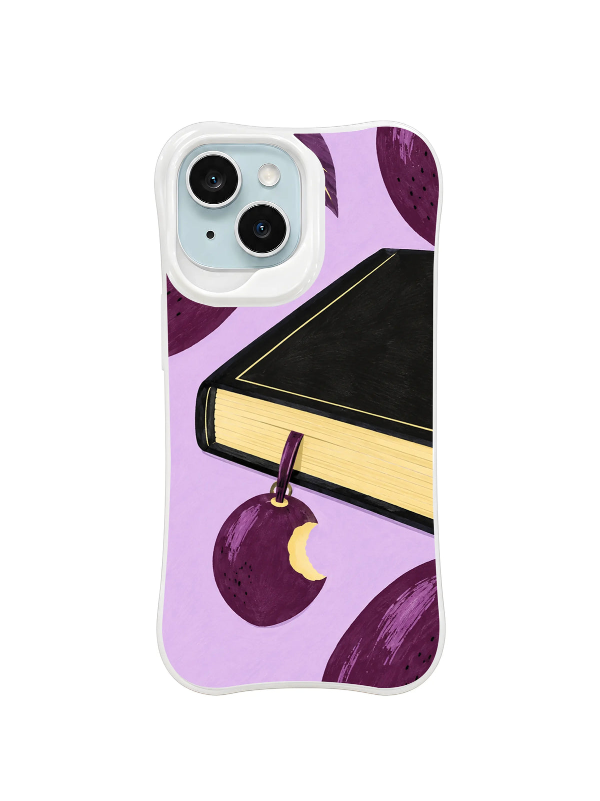 The Plum Moon Bookmark iPhone case pattern 2 with closed book and deep purple plum bookmark