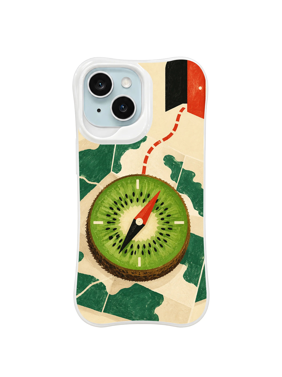 The Kiwi Compass Table iPhone case pattern 2 with red pointer toward an open door