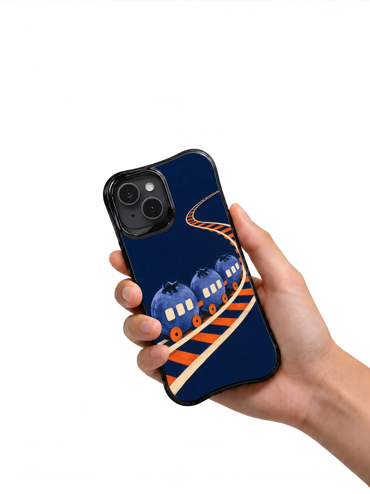 The Blueberry Night Train iPhone 13 case in hand