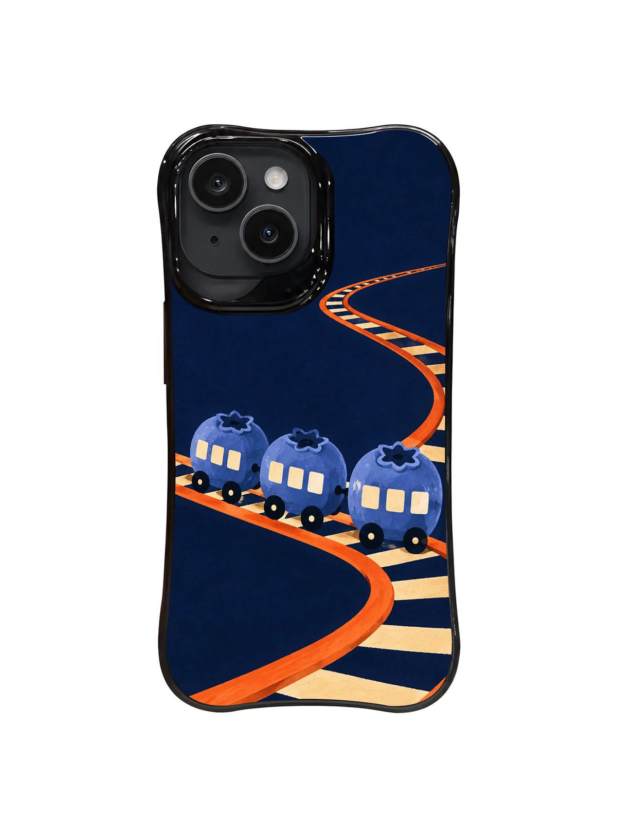 The Blueberry Night Train iPhone case pattern 2 with cream windows and orange rails