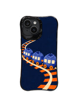 The Blueberry Night Train iPhone case pattern 5 with orange wheels on midnight navy