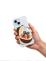 Coconut Parcel Orbit transparent iPhone case held in hand