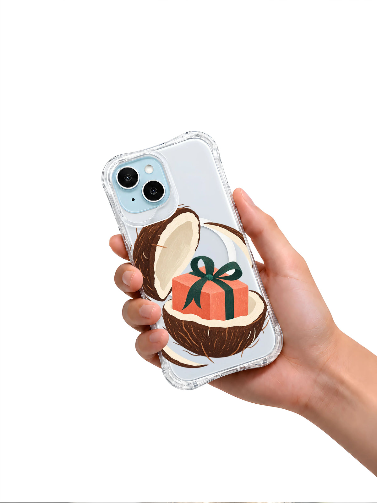 Coconut Parcel Orbit transparent iPhone case held in hand